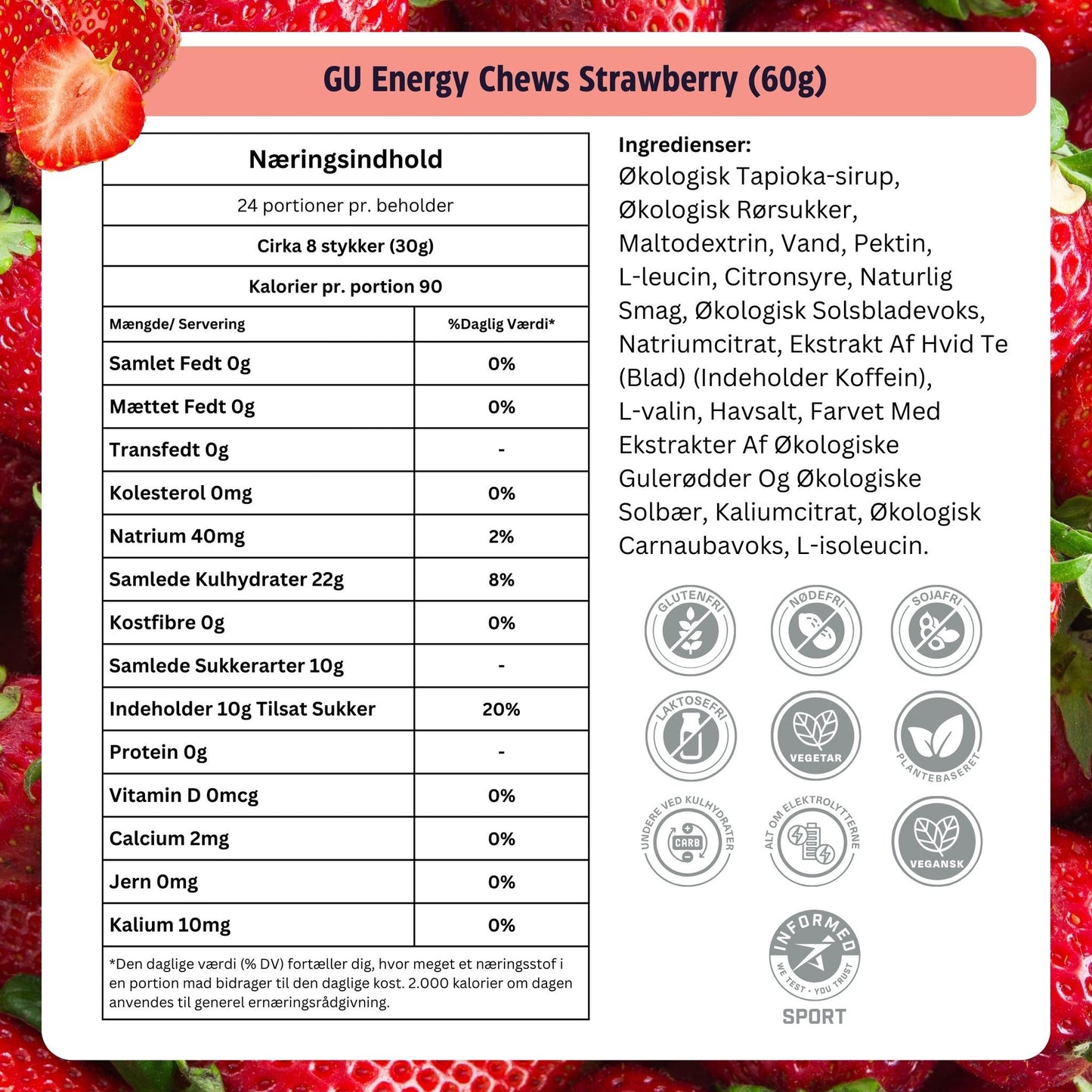 GU Energy Chews Strawberry med Koffein (125 stk. - 30g) Datovare