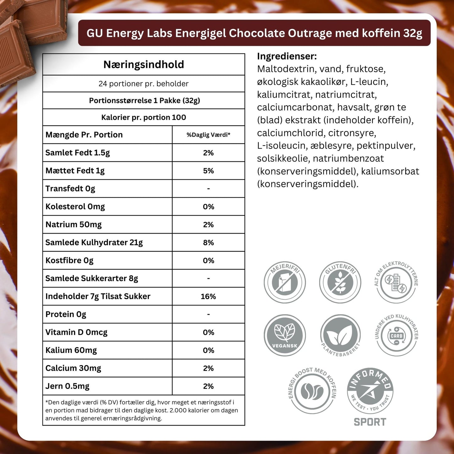 GU Energy Energigel Chocolate Outrage med koffein (24x32g) DATOVARE