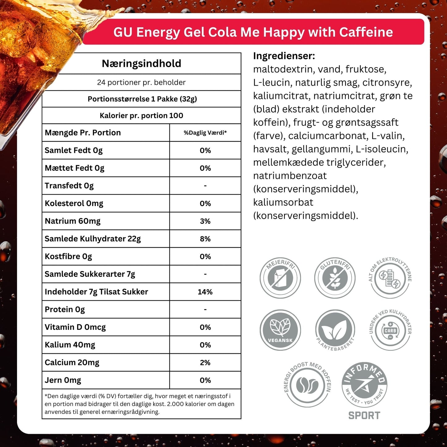 GU Energy Energigel Cola Me Happy med koffein (24 x 32g) DATOVARE