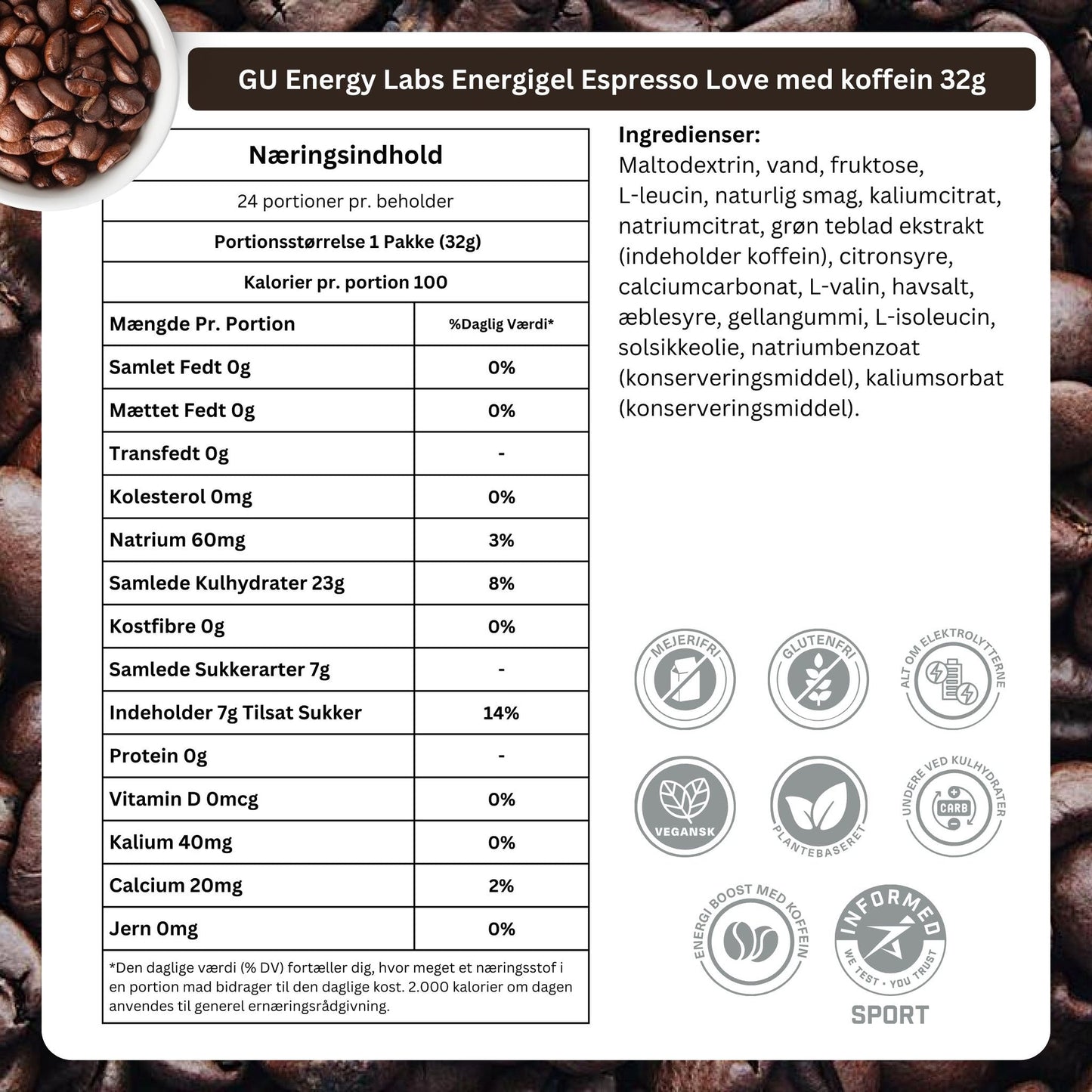 GU Energy Energigel Espresso Love med koffein (24 x 32g) 12 stk. MASTER