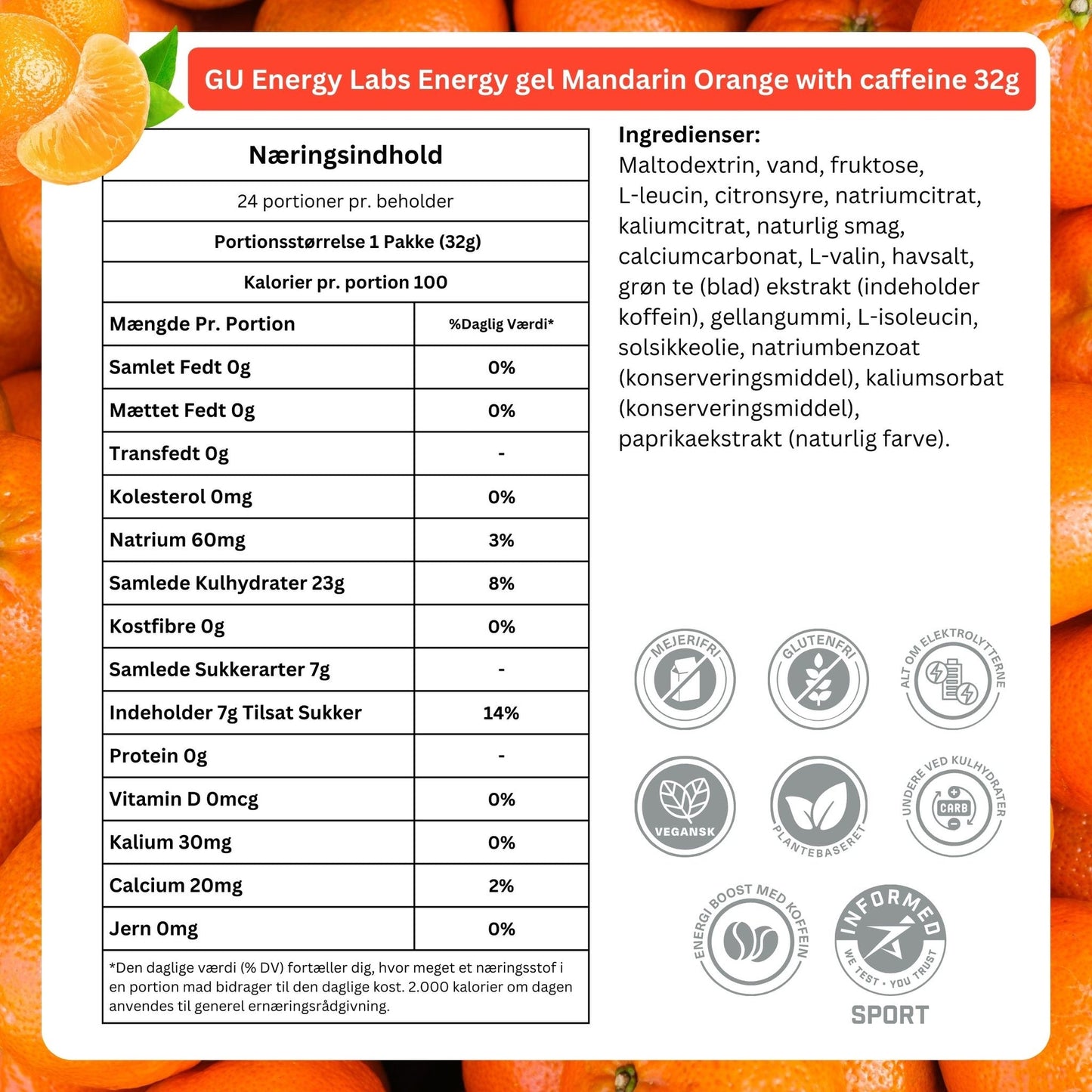 GU Energy Energigel Mandarin Orange med koffein (24 x 32g) 12 stk. MASTER