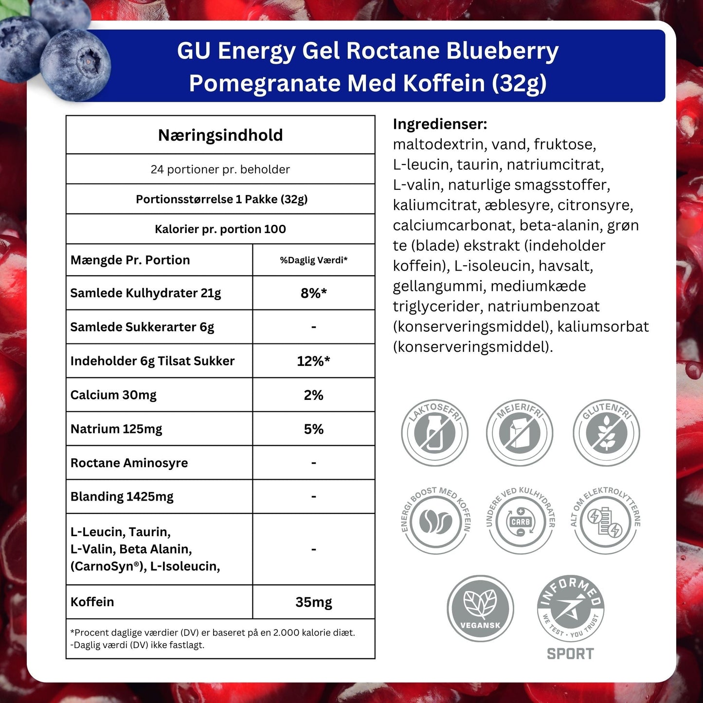 GU Energy Energigel Roctane Blueberry Pomegranate med koffein (24 x 32g) DATOVARE