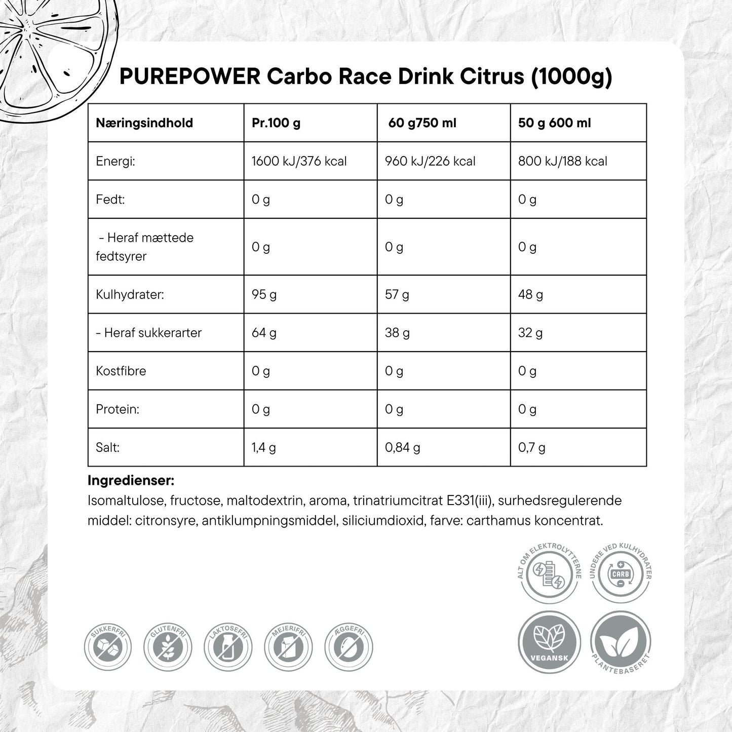 PurePower Carbo Race Electrolyte Energidrik Citrus (1000g)