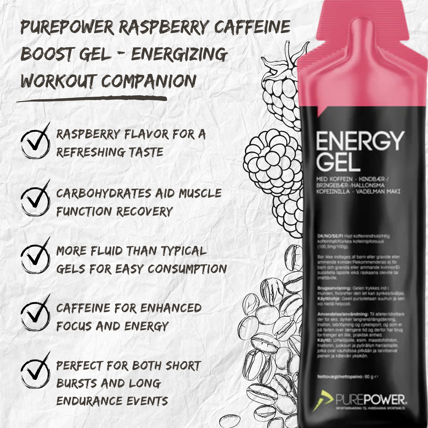 PurePower Energi gel Raspberry med Koffein (12x60g)