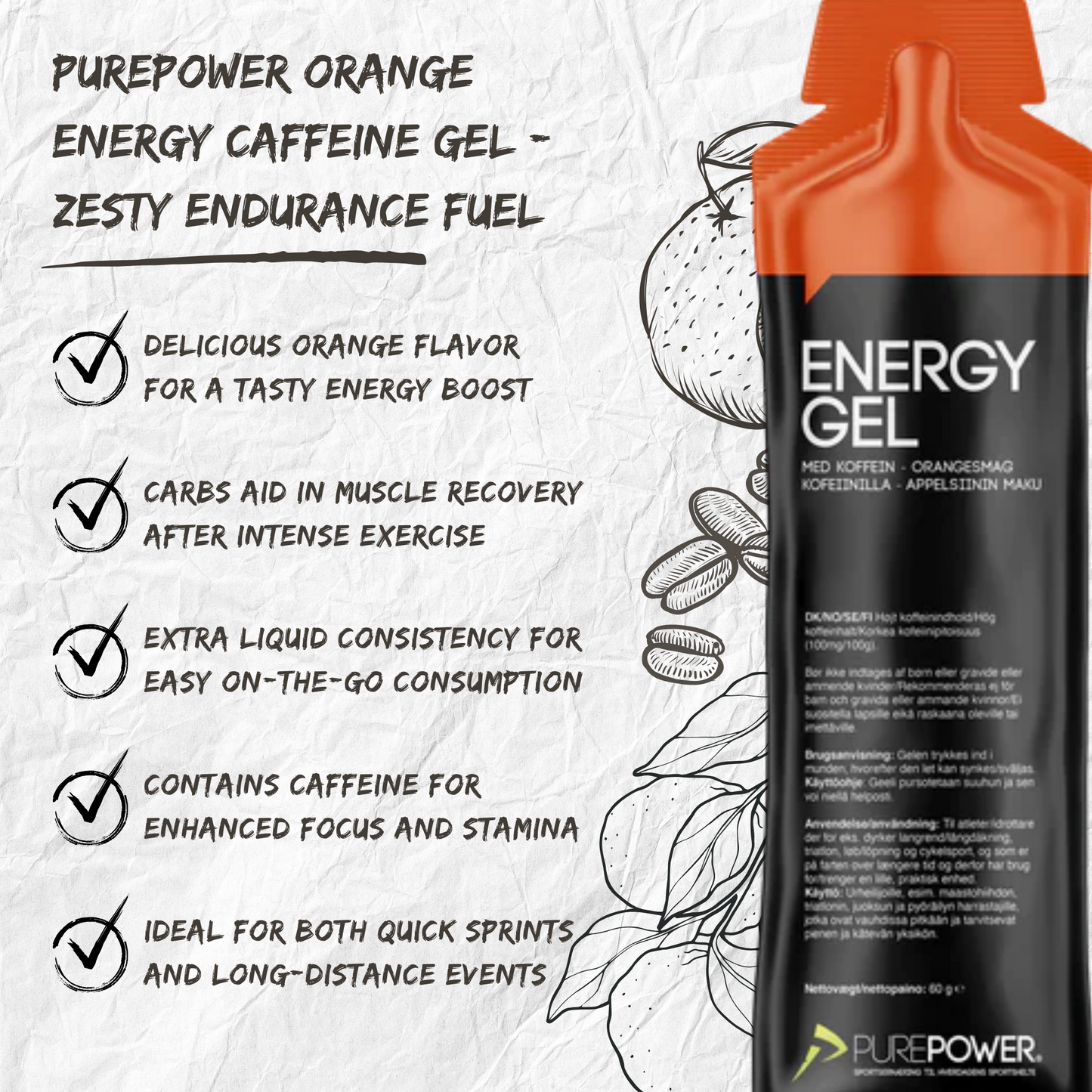 PurePower Energi gel Orange med Koffein (12x60g)