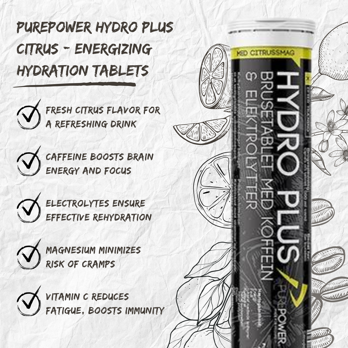 PurePower Elektrolyttabs Citrus med Koffein (20 tabs)