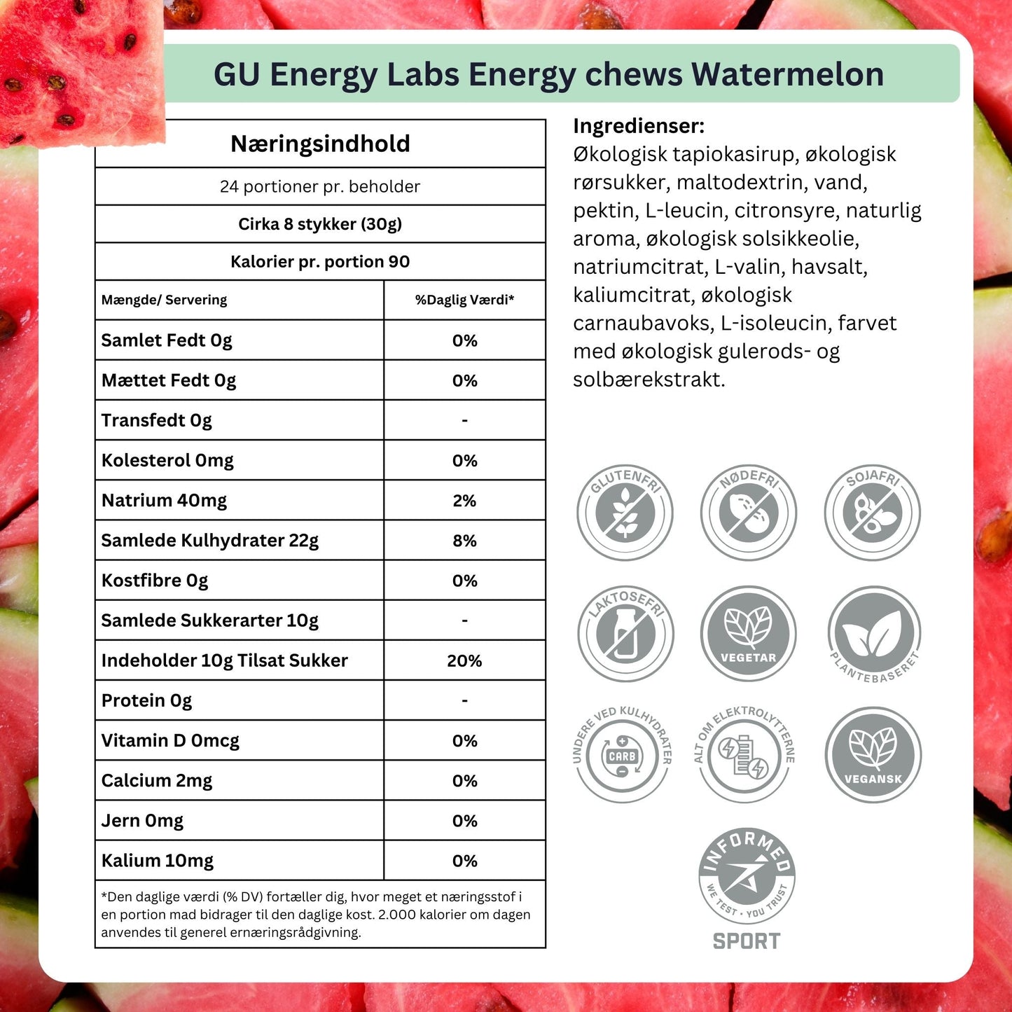 GU Energy Chews Watermelon 60g (12 pack) Ingredients