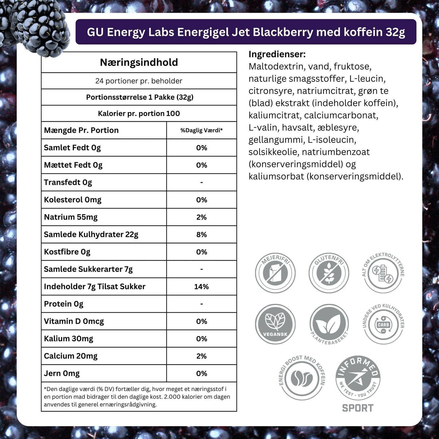 GU Energy Energigel Jet Blackberry med koffein (24 x 32g) DATOVARE