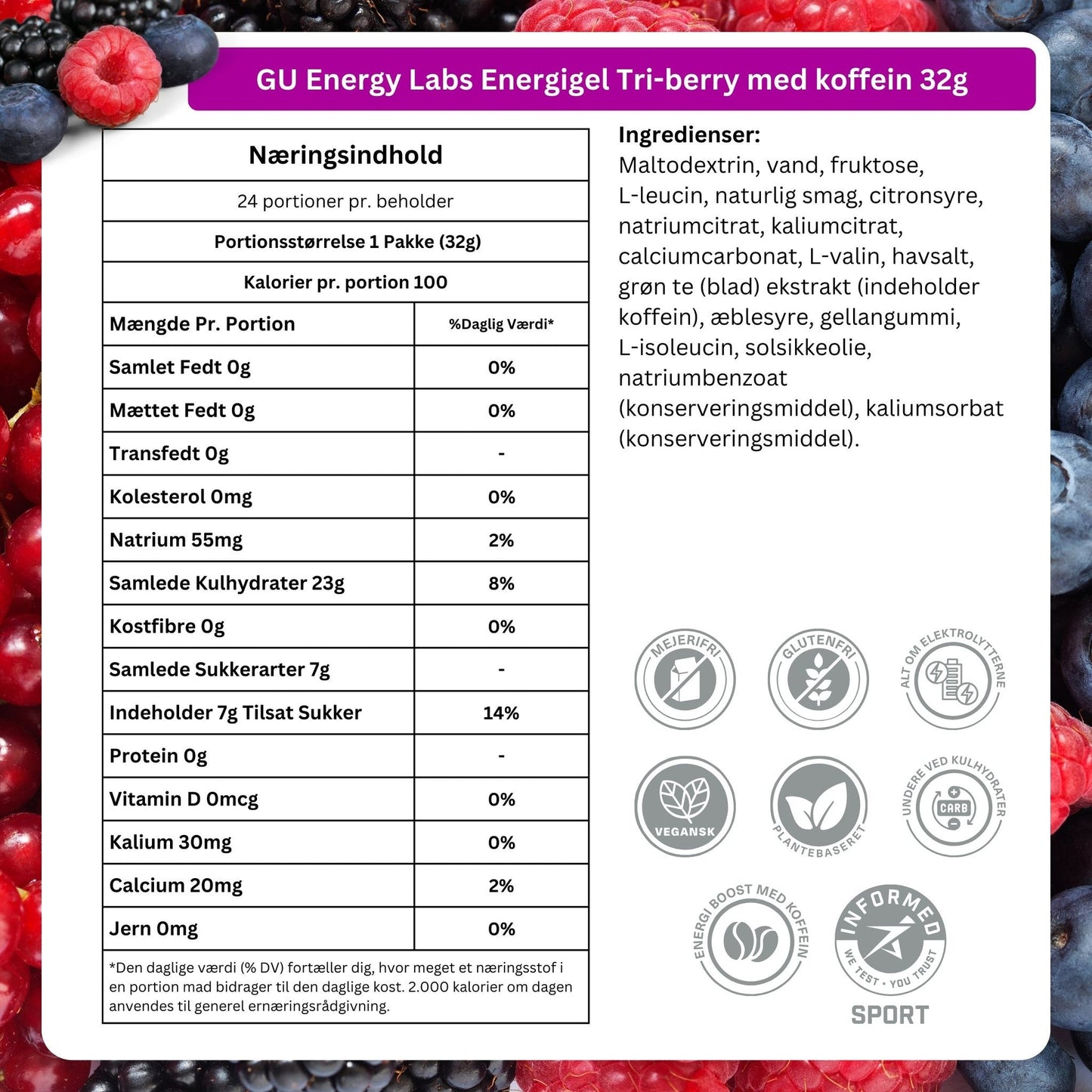 GU Energy Energigel Tri-berry med koffein (24 x 32g)