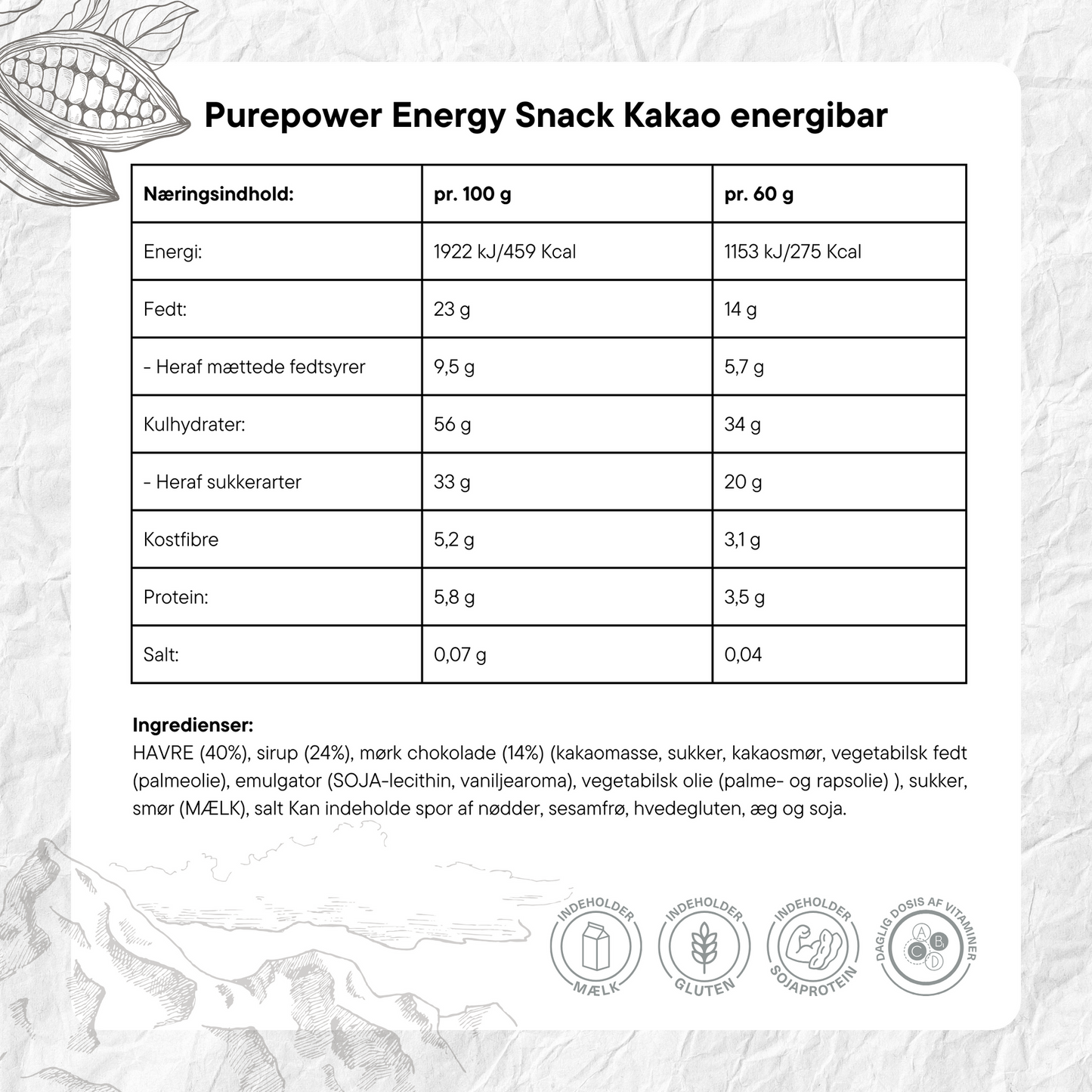 PurePower Energibar Havre/Kakao (12x60g)