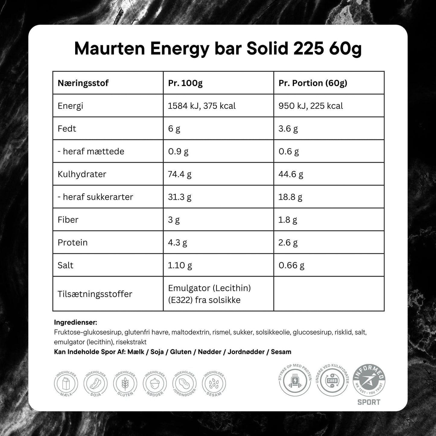 Maurten Energy bar Solid 225 60g Ingredients DK