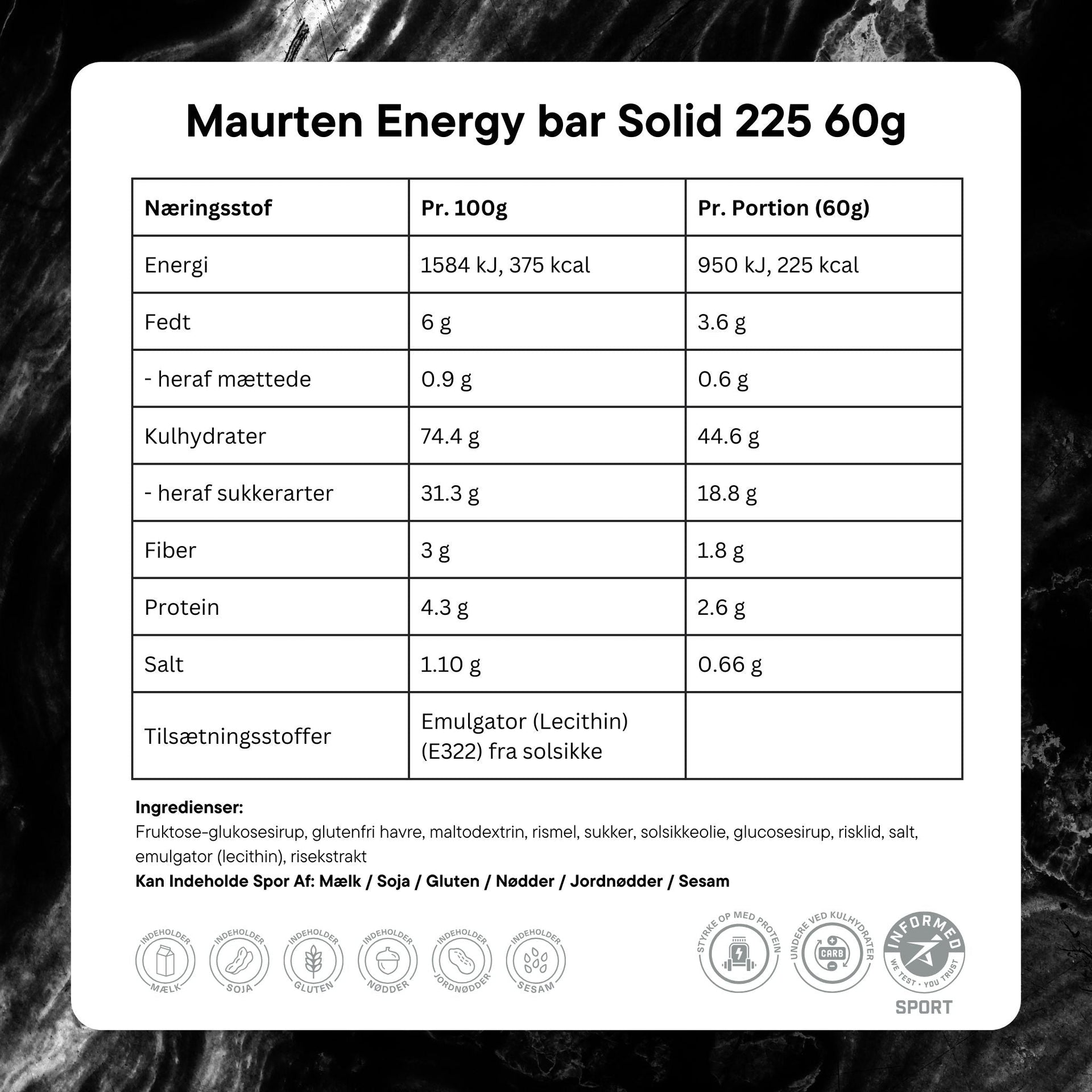 Maurten Energy bar Solid 225 60g Ingredients DK