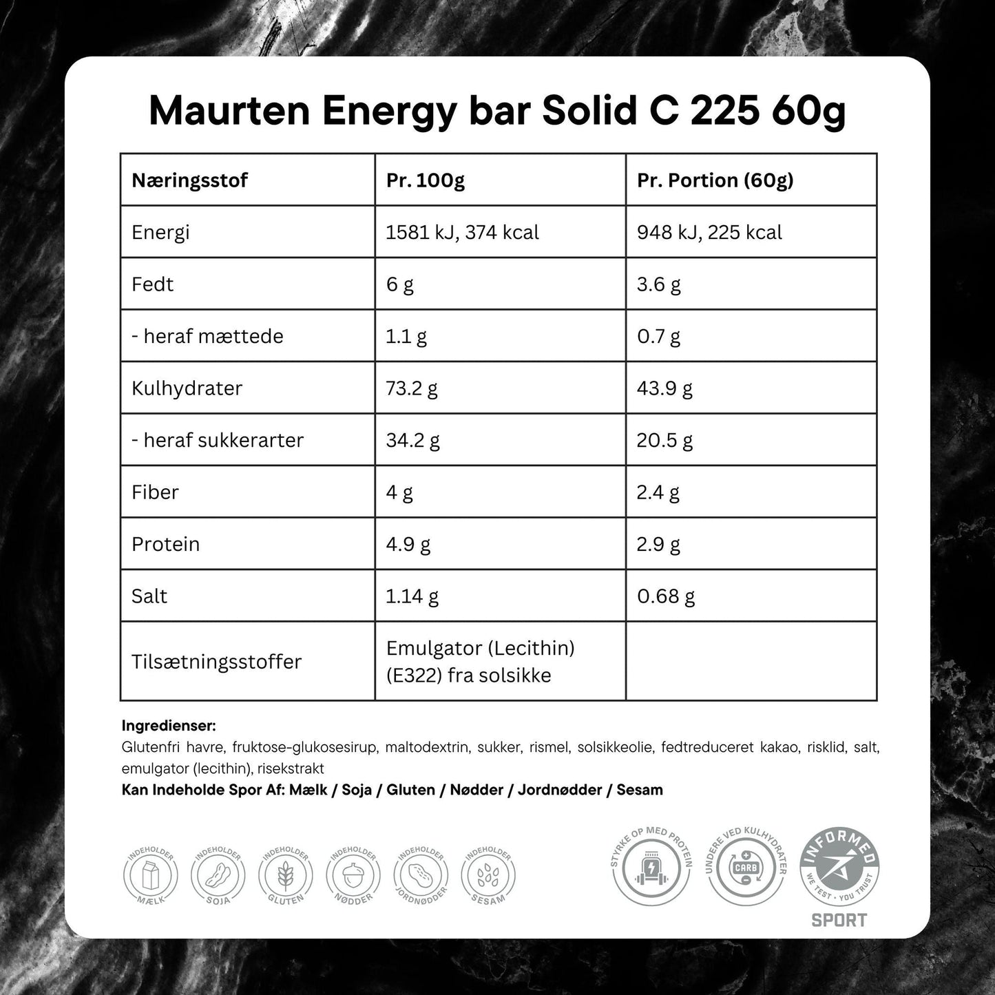 Maurten Energy bar Solid C 225 60g Ingredients dk