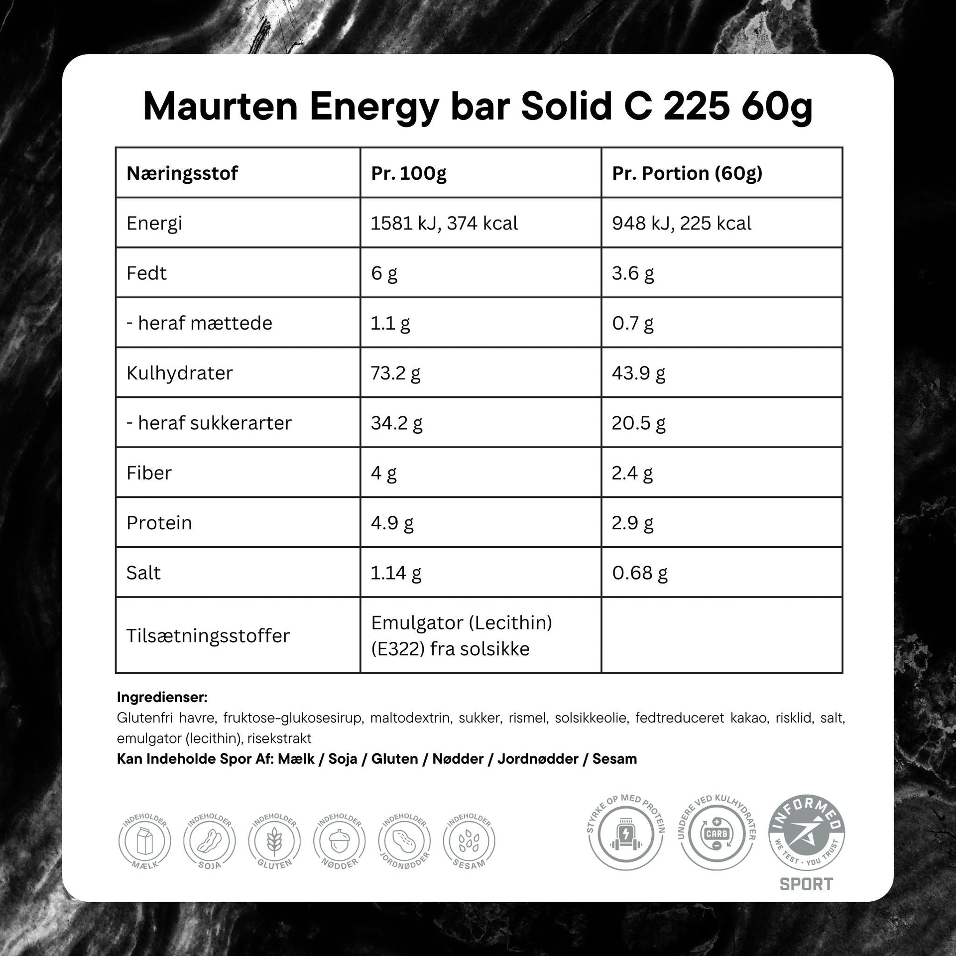 Maurten Energy bar Solid C 225 60g Ingredients dk