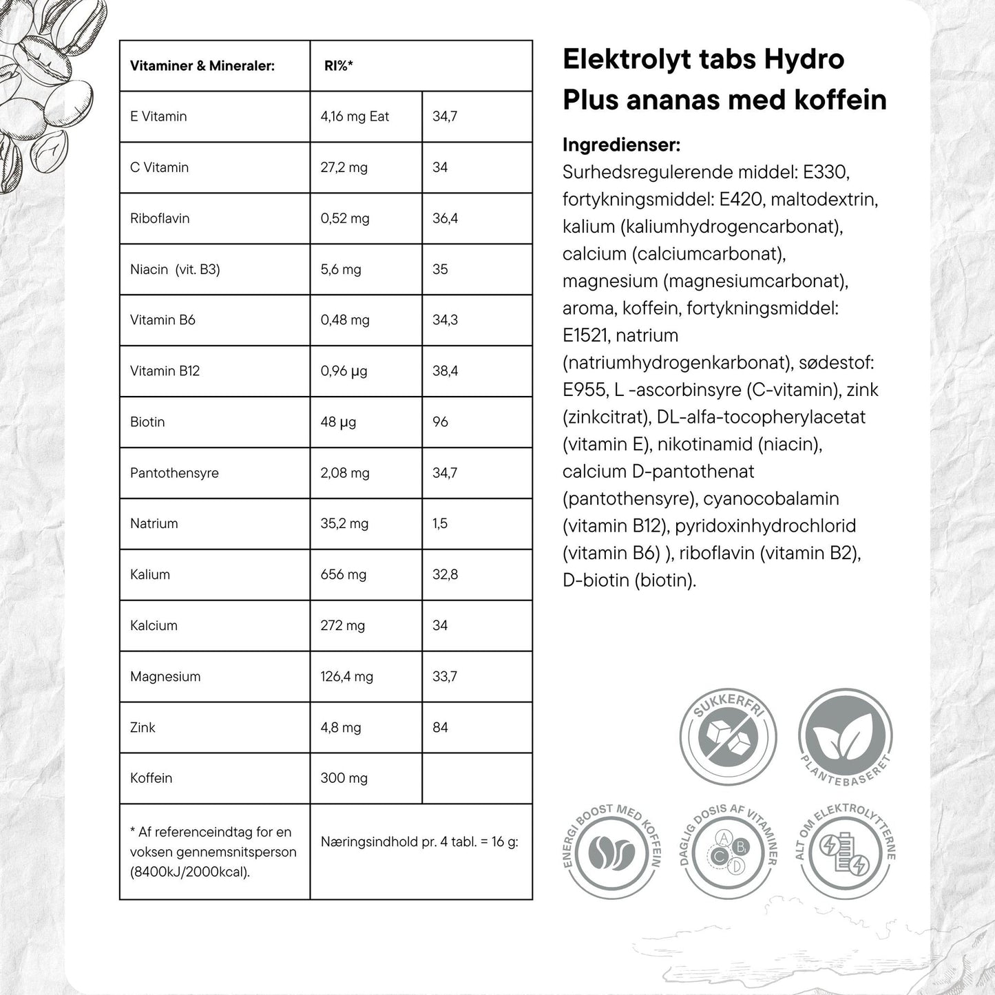 PurePower Elektrolyttabs Pineapple med Koffein (20 tabs)