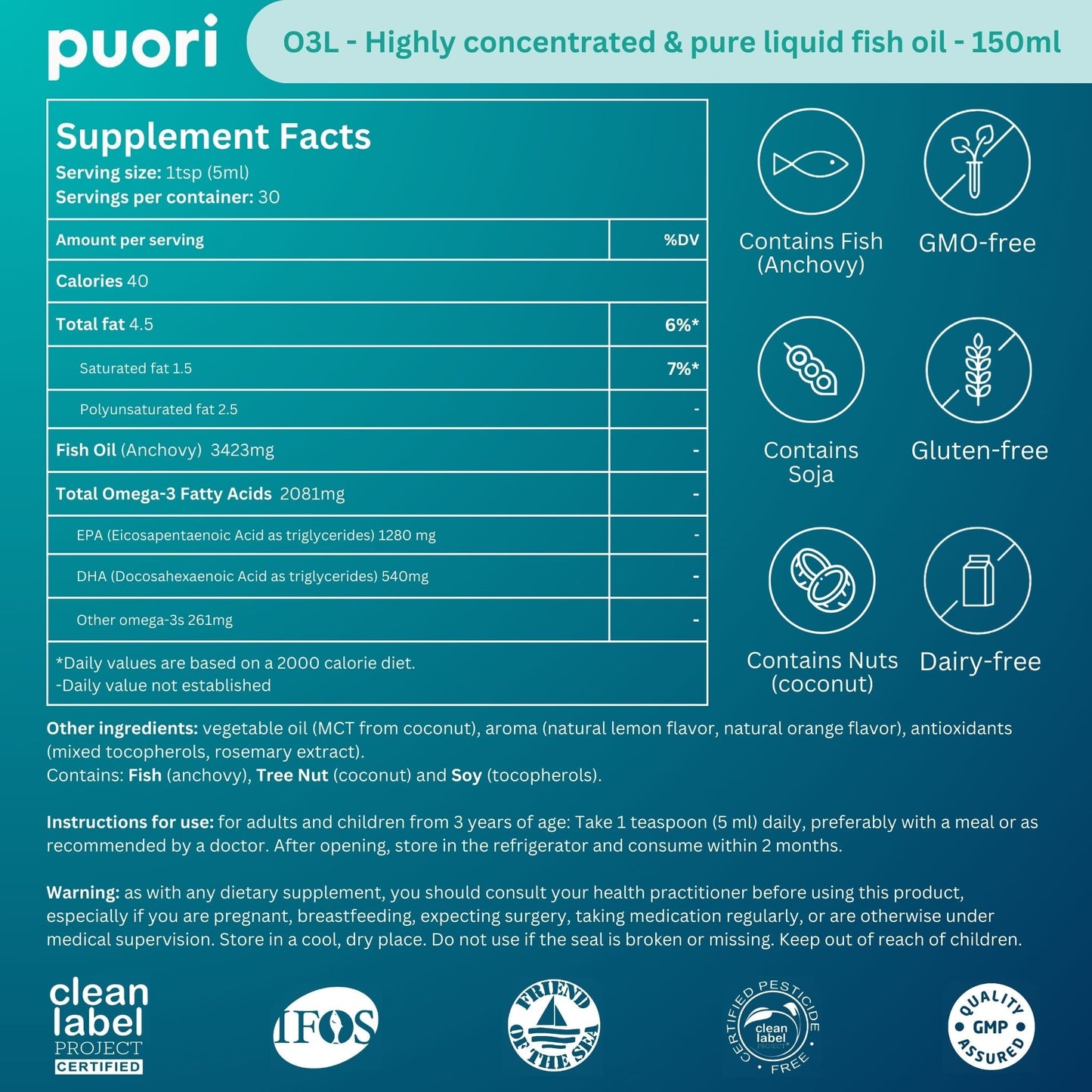 Puori Omega-3 Fiskeolie O3 Liquid (150 ml)