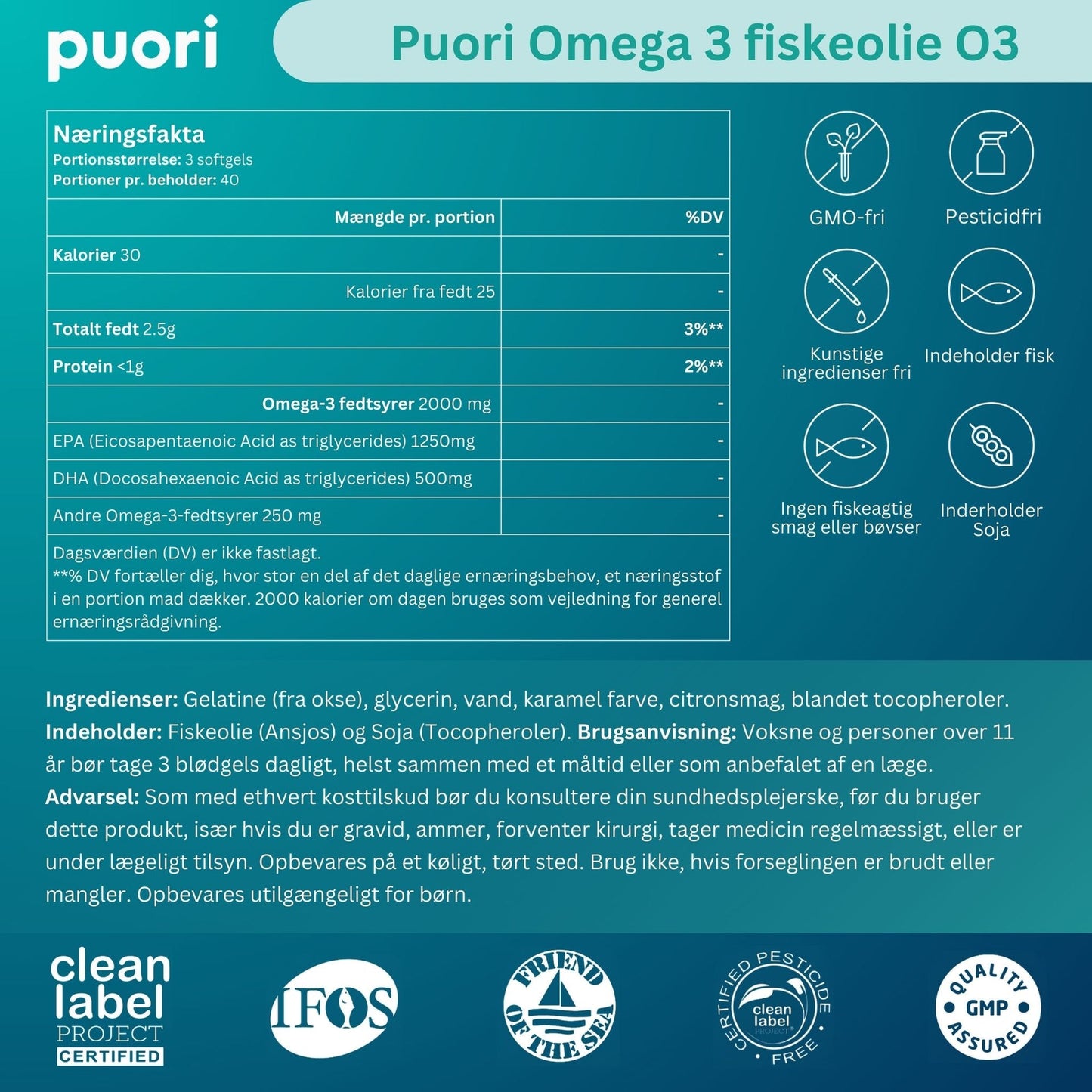 Puori Omega-3 Fiskeolie O3 (180 kapsler)