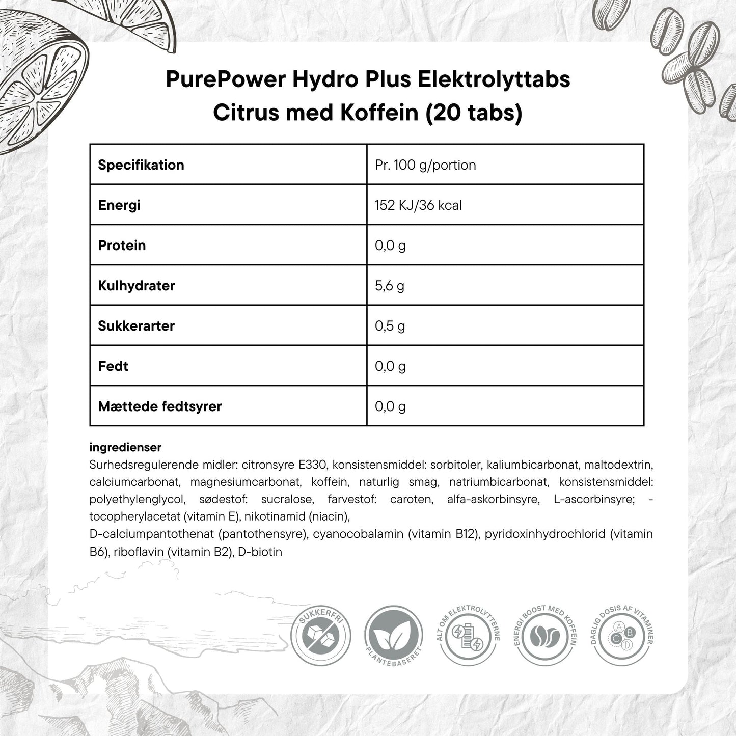 PurePower Elektrolyttabs Citrus med Koffein (20 tabs)