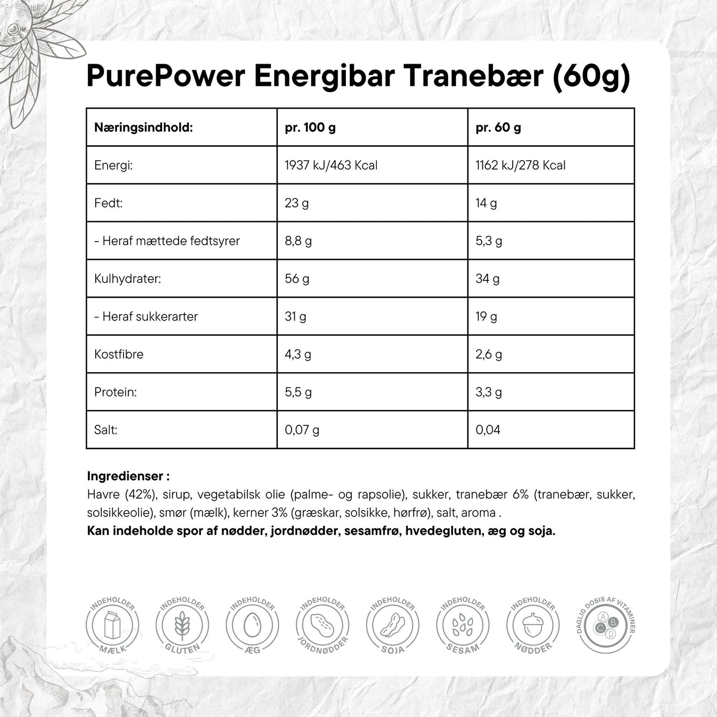 PurePower Energibar Tranebær (12x60g) - DATOVARE