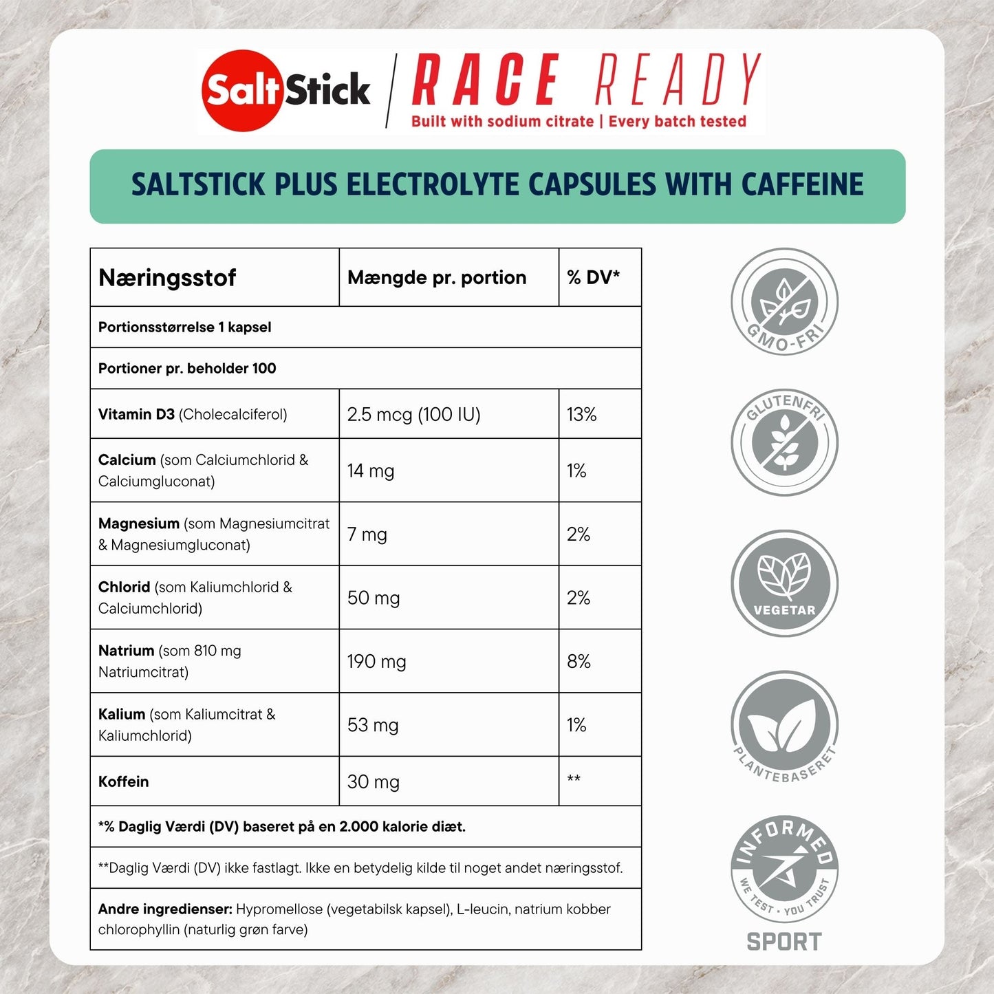 SaltStick PLUS Elektrolytkapsler med koffein (100 kapsler) - DATOVARE