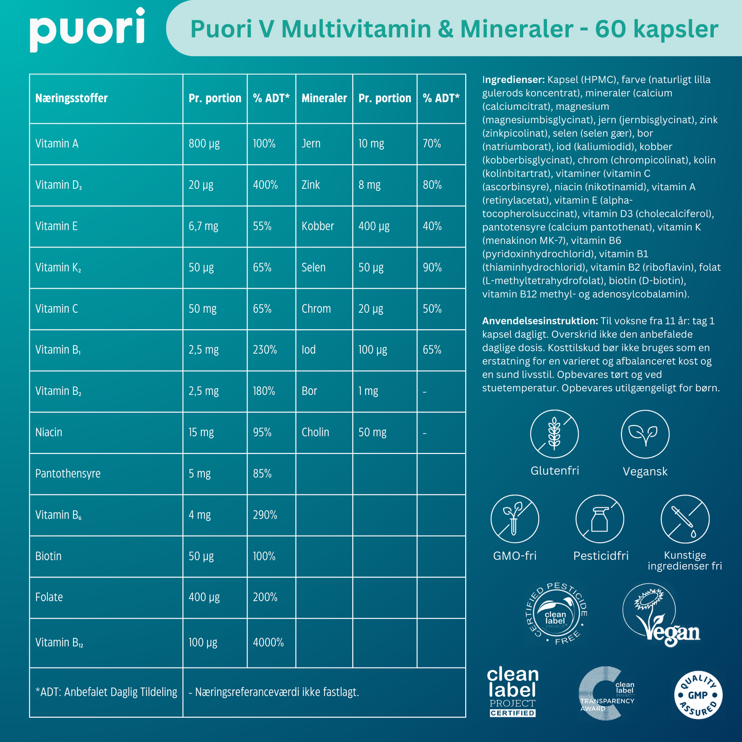 Vitamin PUORI V Multivitamin og mineraler (60 Kapsler)