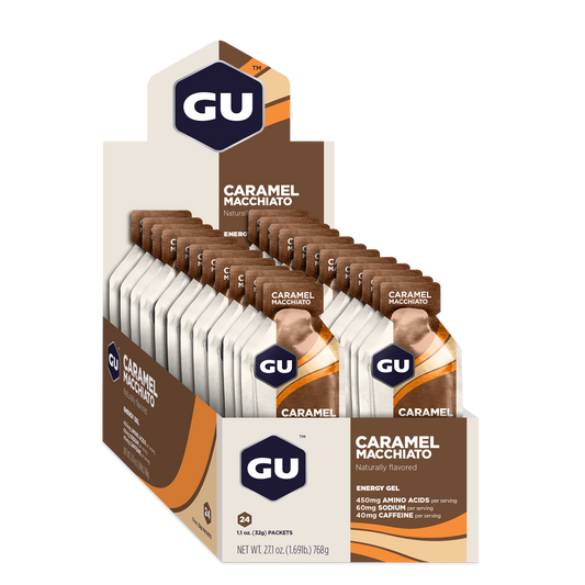 GU Energy Gel Caramel Macchiato med koffein (24 x 32g)