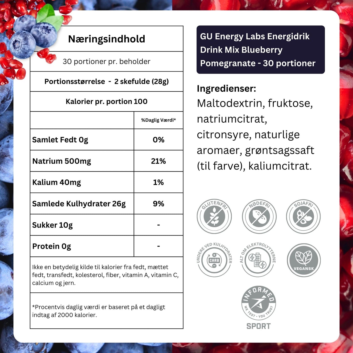 GU Energy Labs Energidrik Drink Mix Blueberry Pomegranate - 30 portioner - Danish Ingredients