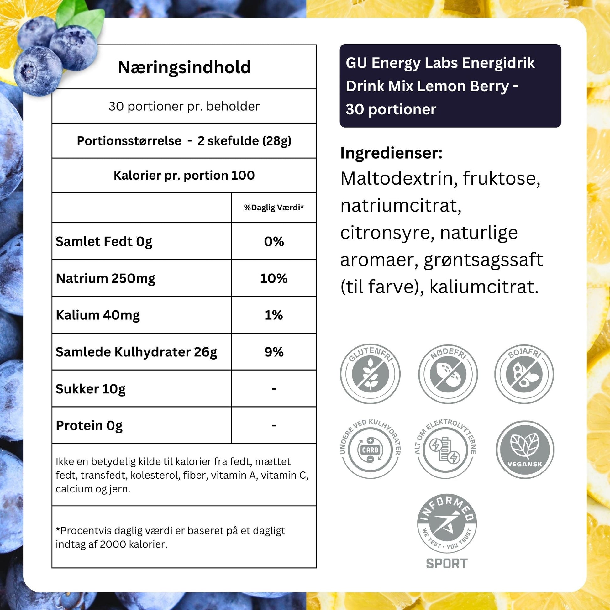 GU Energy Labs Energidrik Drink Mix Lemon Berry 30 portioner - Ingredients