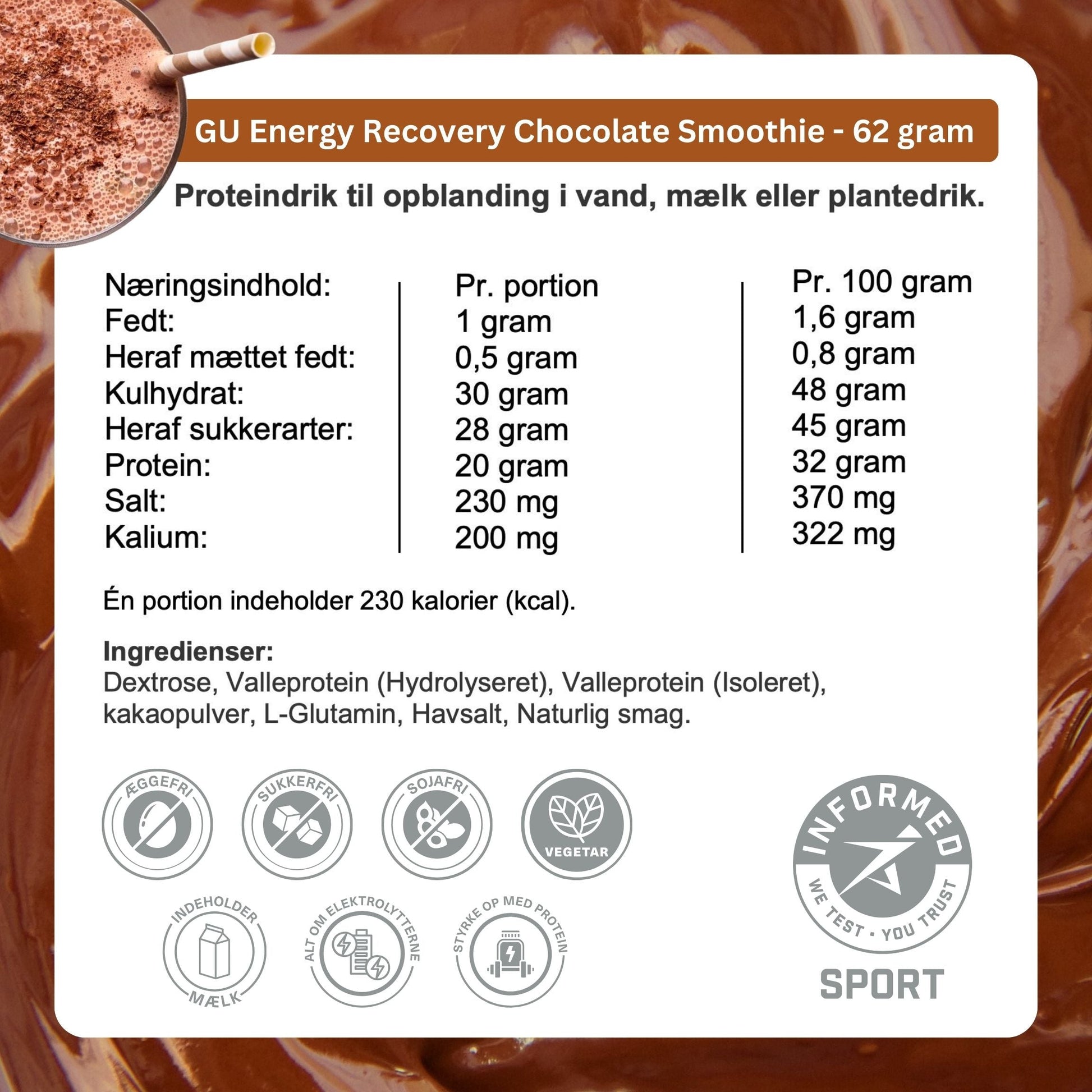 GU Energy Labs Proteindrik Roctane Recovery Chocolate Smoothie 65g - Danish Ingredients