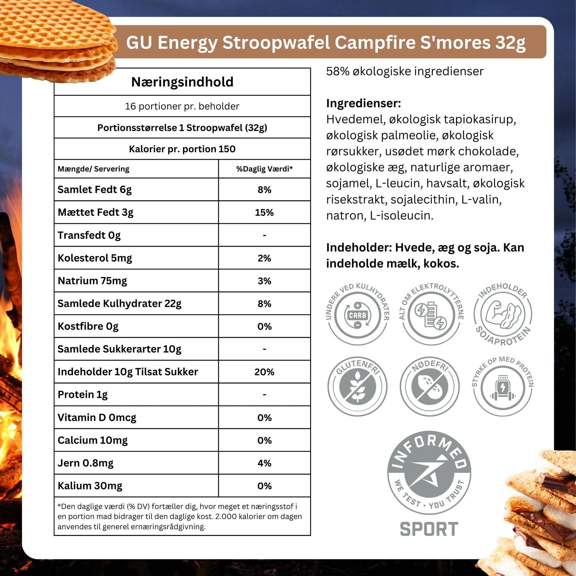 GU Energy Stroopwafel Campfire S'mores 32g - Danish Ingredients