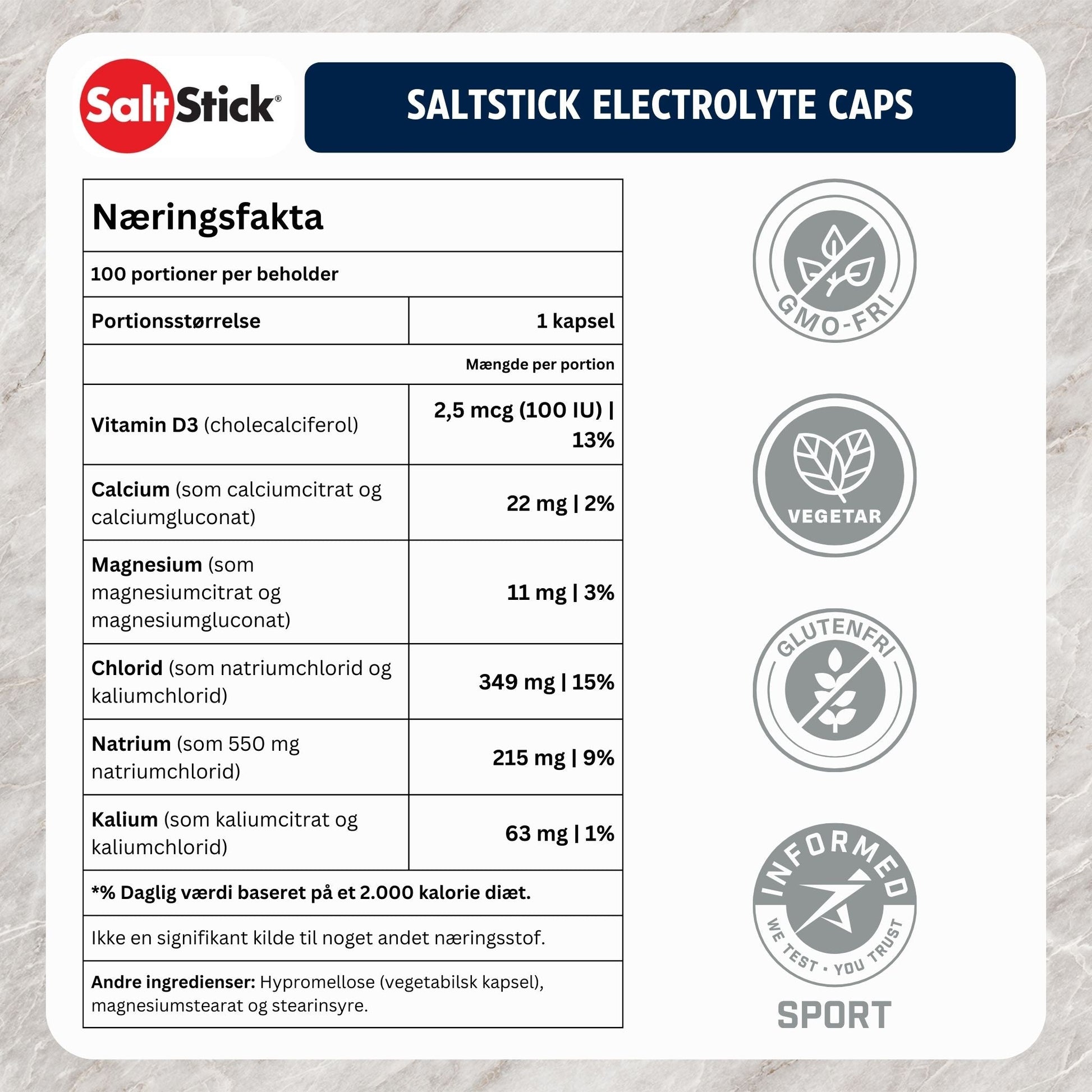 SaltStick Elektrolytkapsler 100 stk. Danske Naeringsindhold