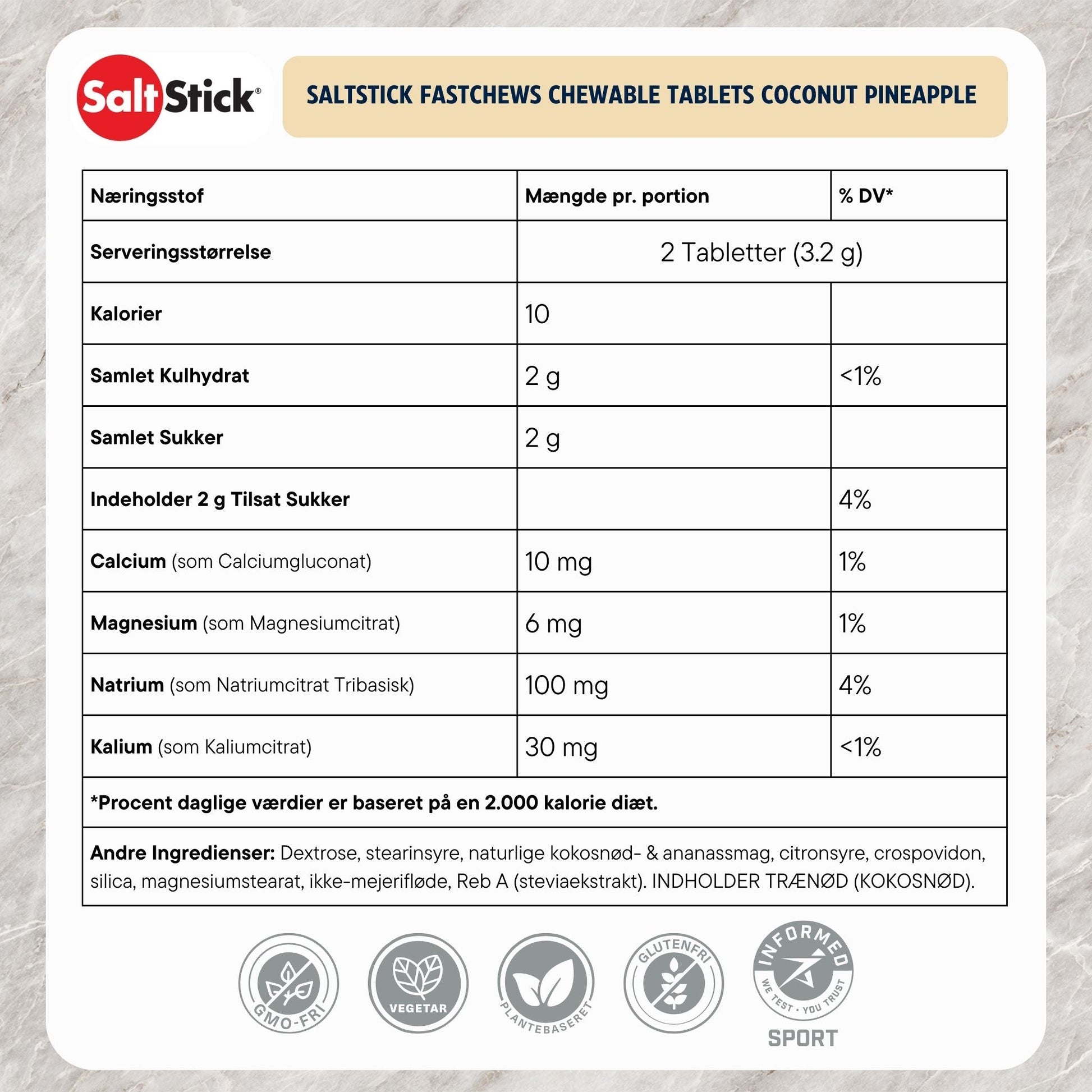 SaltStick Fastchews Coconut Pineapple 10 stk. Danske Naeringsindhold